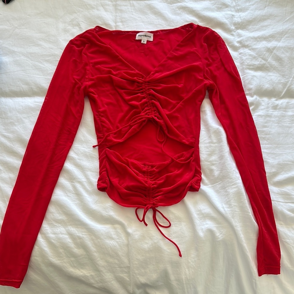 Super down  Red Ruched Tie Front Blouse